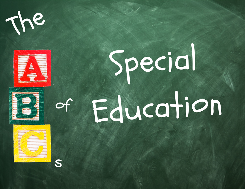 Graphic of chalkboard with alphabet blocks and handwriting spelling out "The ABCs of Special Education"